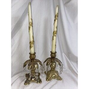Vintage Hollywood Regency Style Ornate Gold Cast Metal Candlestick Holders Pair